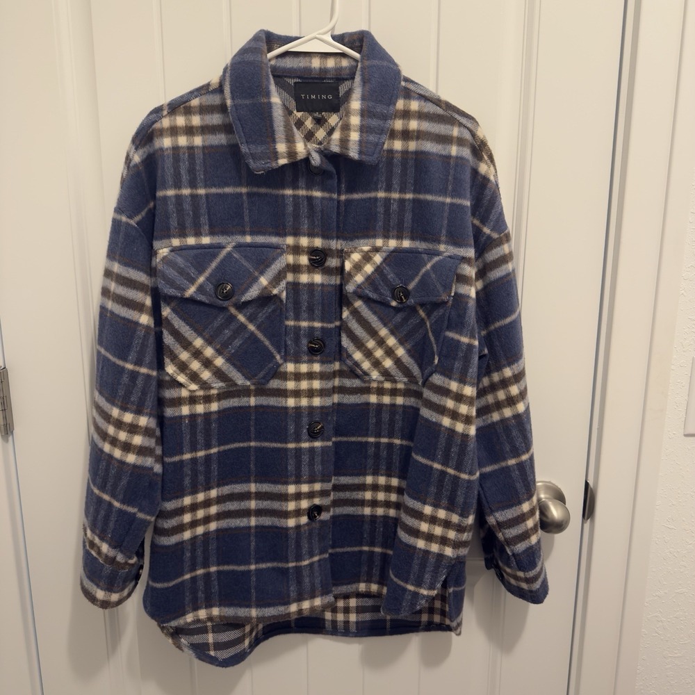 Timing‎ Blue Plaid Oversized Shirt Jacket Shacket Womens Small